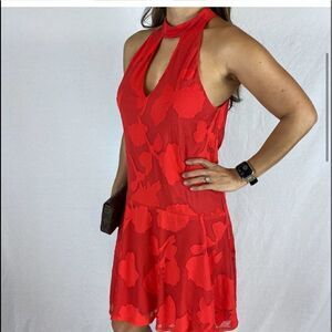 Waverly Grey Halter Keyhole Dropwaist Chiffon Sheer Floral Red Mini Dress Medium
